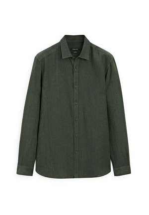 Dark green button-up shirt made of textured fabric; features a spread collar, long sleeves, and a rounded hem with hidden buttons.