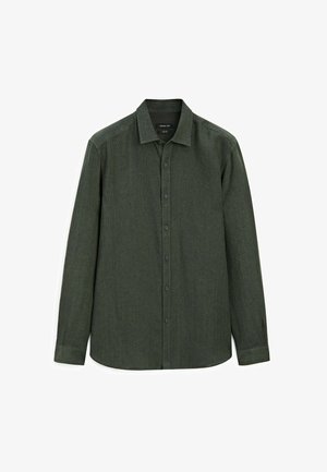 Dark green button-up shirt made of textured fabric; features a spread collar, long sleeves, and a rounded hem with hidden buttons.