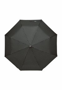 Parapluie noir avec un motif géométrique, de forme octogonale et des accents gris clair en contraste. Texture lisse avec un bouton central.