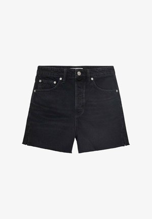 Black denim shorts featuring a high waist, five pockets, silver hardware, and raw hem details, crafted from sturdy cotton material.