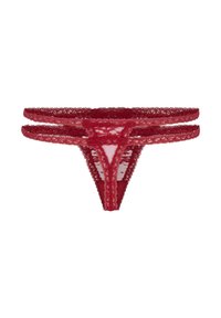 String en dentelle rouge avec double sangle latérale, motif floral et tissu transparent avec un panneau solide contrastant à l'arrière.