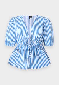 Blau-weiß gestreifte Bluse mit tiefem V-Ausschnitt, Puffärmeln und einem gerafften Taillenbereich mit verstellbarem Kordelzug. Leichtes Baumwollgewebe.