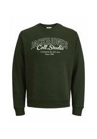Zielona bluza z bawełny z okrągłym dekoltem. Posiada duży biały napis „JACK & JONES Coll. Studio” oraz mniejszy „Stworzona przez ekipę Je&J.”