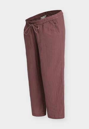 Χαλαρό παντελόνι μοβ με ελαστική μέση και κορδόνι, πλαϊνές τσέπες, υφή σε ελαφρύ ύφασμα, σχέδιο έως τον αστράγαλο.