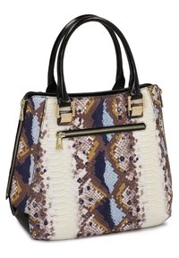 Borsa multicolore con un motivo a serpente in rilievo nei toni marrone, blu e crema. Presenta manici neri e dettagli in oro sulle cerniere.
