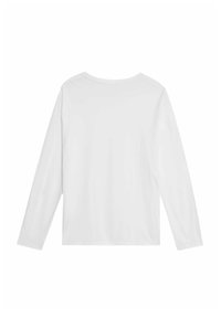 Weißes Langarm-T-Shirt mit rundem Halsausschnitt und geradem Saum. Aus weichem Baumwollstoff gefertigt, glatte Textur, ohne sichtbare Logos oder Muster.