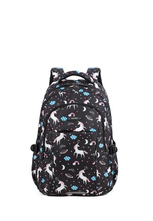 Zaino nero con motivo di unicorni rosa e bianchi, nuvole blu, lune, stelle e arcobaleni, dotato di spallacci imbottiti e più scomparti con cerniera.
