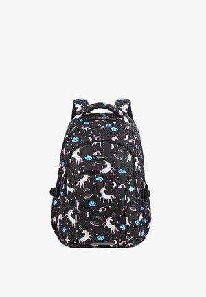 Zaino nero con motivo di unicorni rosa e bianchi, nuvole blu, lune, stelle e arcobaleni, dotato di spallacci imbottiti e più scomparti con cerniera.
