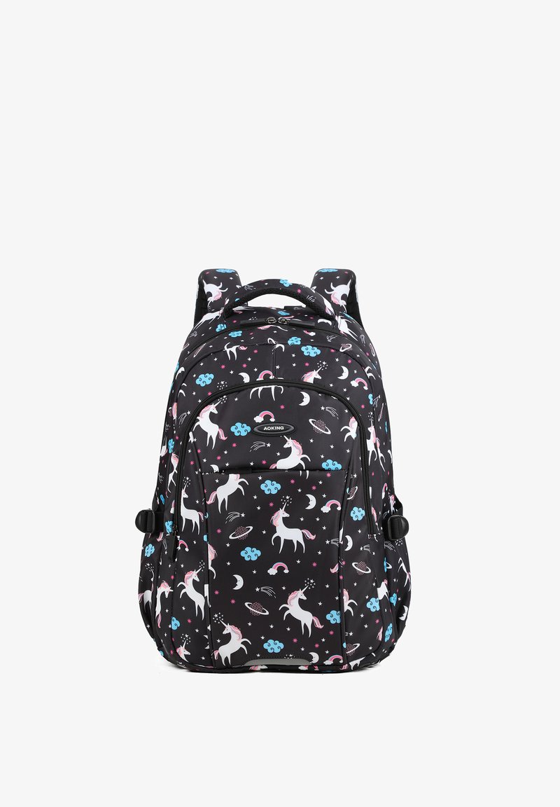 Sac à dos noir avec un motif de licornes roses et blanches, nuages bleus, lunes, étoiles et arcs-en-ciel, équipé de bretelles rembourrées et de plusieurs compartiments zippés.