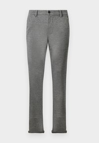 Gray slim-fit pants made of soft fabric with a subtle texture. Features a button closure and cuffed hems for a tailored look.