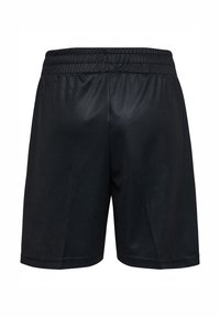 Zwarte sportshorts van gladde stof, met een elastische tailleband en zonder zakken, met een eenvoudig en rechtlijnig ontwerp.