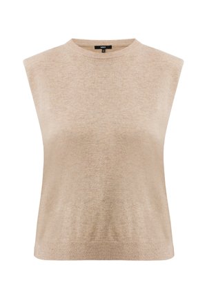 Débardeur en tricot beige sans manches avec un col rond, texture douce et coupe décontractée. Présente un ourlet côtelé et des bords nets pour un design minimaliste.