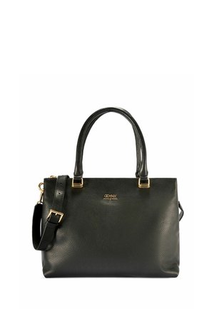 Czarna skórzana torebka z dwoma uchwytami, regulowanym paskiem na ramię i złotymi elementami dekoracyjnymi, z małym logo marki na przodzie.