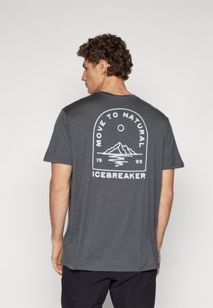 Gray short-sleeve t-shirt with a mountain graphic on the back, featuring "MOVE TO NATURAL" and "ICEBREAKER" in white text.