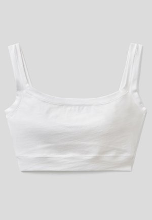 Bralette bianco in cotone con scollatura quadrata, spalline larghe, design senza cuciture e silhouette aderente, caratterizzato da una consistenza liscia e morbida.