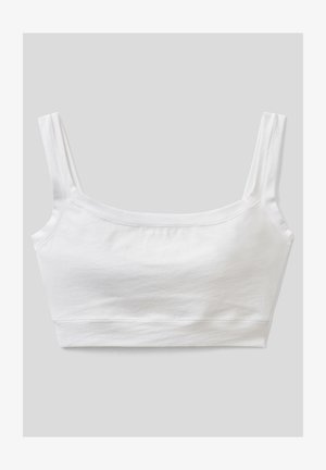 Bralette bianco in cotone con scollatura quadrata, spalline larghe, design senza cuciture e silhouette aderente, caratterizzato da una consistenza liscia e morbida.