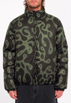 Puffer jacket in black with green abstract pattern, zipper closure, high collar, elastic cuffs and hem, featuring a logo patch on the chest.