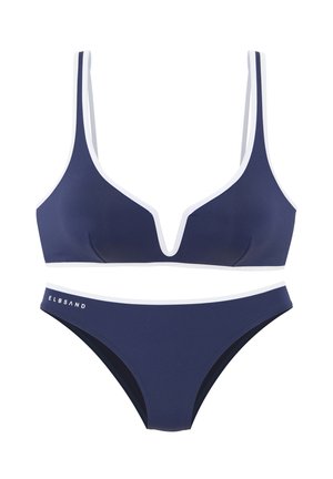 Navy blue bikini set with white trim, featuring a V-shaped neckline top and matching low-rise bottoms with brand name on side.