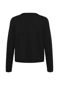 Pull noir à manches longues avec col rond, poignets et ourlet côtelés, présenté de dos sur fond blanc.