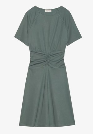Teal short-sleeve dress with a gathered waist and flared skirt, made of soft fabric and featuring a round neckline and raglan sleeves.
