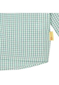 Camicia a quadri in verde chiaro e bianco con dettagli blu. Presenta maniche lunghe e un'etichetta sul lato inferiore. Tessuto in cotone.