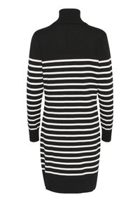 Black and white striped sweater dress with a high neck and long sleeves. Features a fitted neckline and ribbed cuffs. Soft, knit texture.