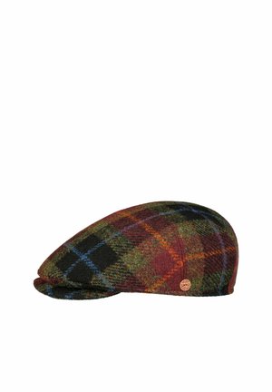 Flat tweed cap with multicolored plaid pattern in green, red, orange, and blue, featuring a small round branded metal pin on the side.