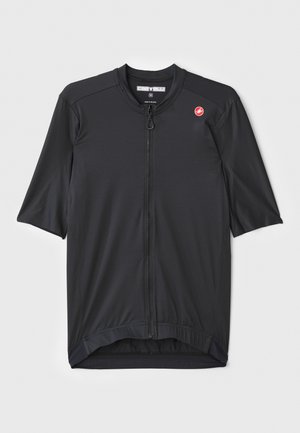 Maglietta da ciclismo a maniche corte in tessuto nero con zip frontale, caratterizzata da un piccolo logo e un design testurizzato lungo il corpo.