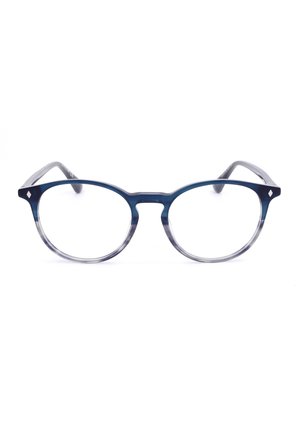 Montature rotonde per occhiali da vista di colore blu e trasparente con ponte a forma di chiave e piccoli accenti argento a forma di diamante vicino alle cerniere.