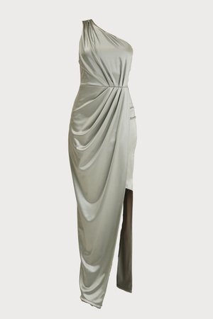 One-shoulder, draped dress in light green satin with a side slit and gathered waist detail, offering a smooth and sleek texture.