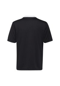 Svart kortärmad polo t-shirt med vit krage, tillverkad av ett slätt tyg. Enkel, minimalistisk design utan några synliga mönster eller accenter.