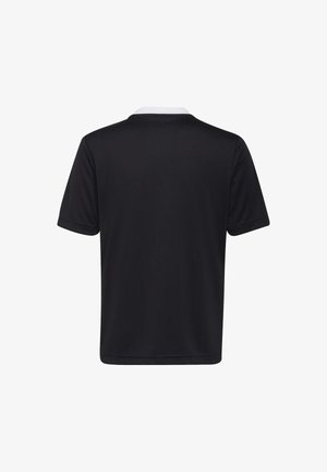 Schwarzes kurzärmliges Poloshirt mit einem weißen Kragen, aus einem glatten Stoff gefertigt. Einfaches, minimalistisches Design ohne sichtbare Muster oder Akzente.