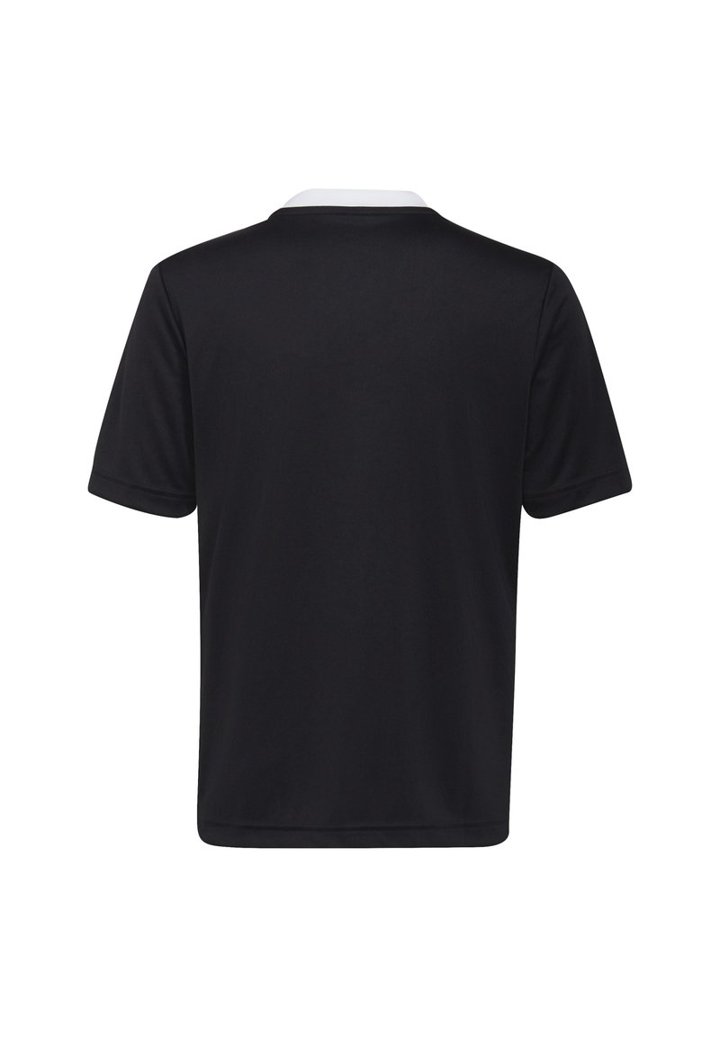 Svart kortärmad polo t-shirt med vit krage, tillverkad av ett slätt tyg. Enkel, minimalistisk design utan några synliga mönster eller accenter.