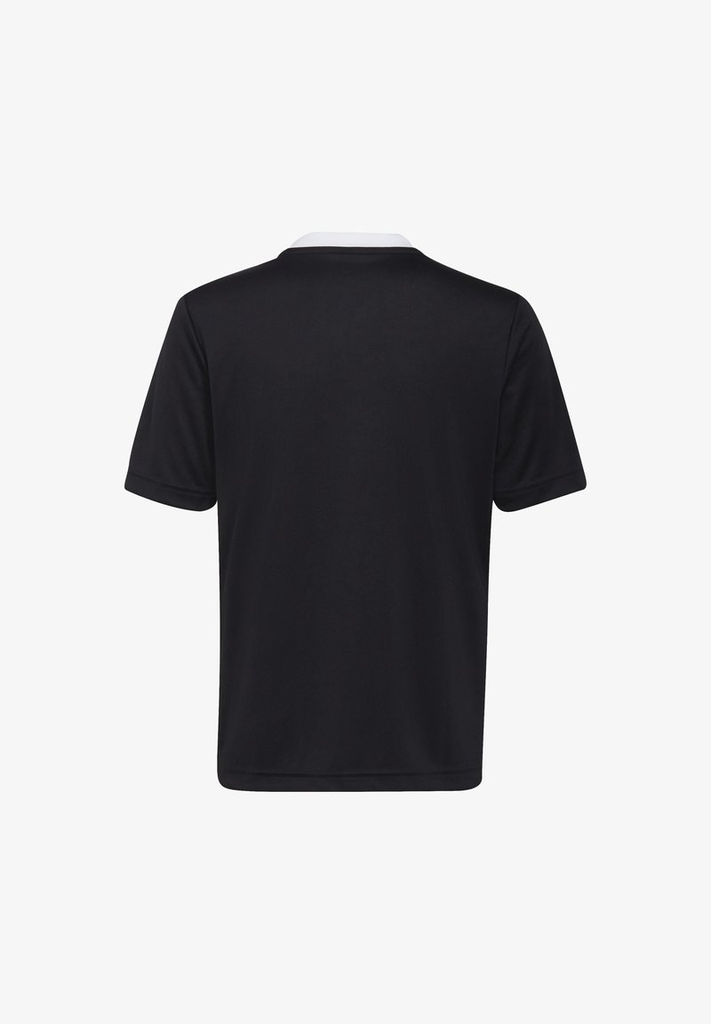 Svart kortärmad polo t-shirt med vit krage, tillverkad av ett slätt tyg. Enkel, minimalistisk design utan några synliga mönster eller accenter.