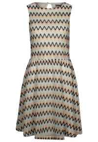 Abito senza maniche con motivo a zigzag in colori pastello e dettagli neri. Gonna svasata, scollatura rotonda e apertura a forma di chiave sul retro.