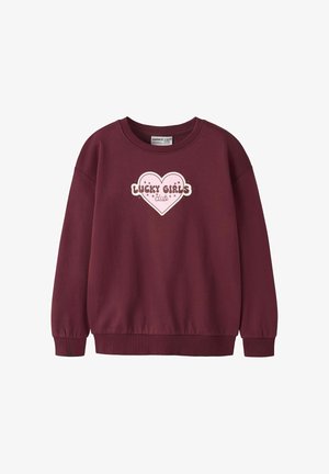 Bordeauxrød sweatshirt med rund hals, ribstrikkede manchetter og kant samt en pink hjertegrafik med teksten "Lucky Girls club" midt på forsiden.