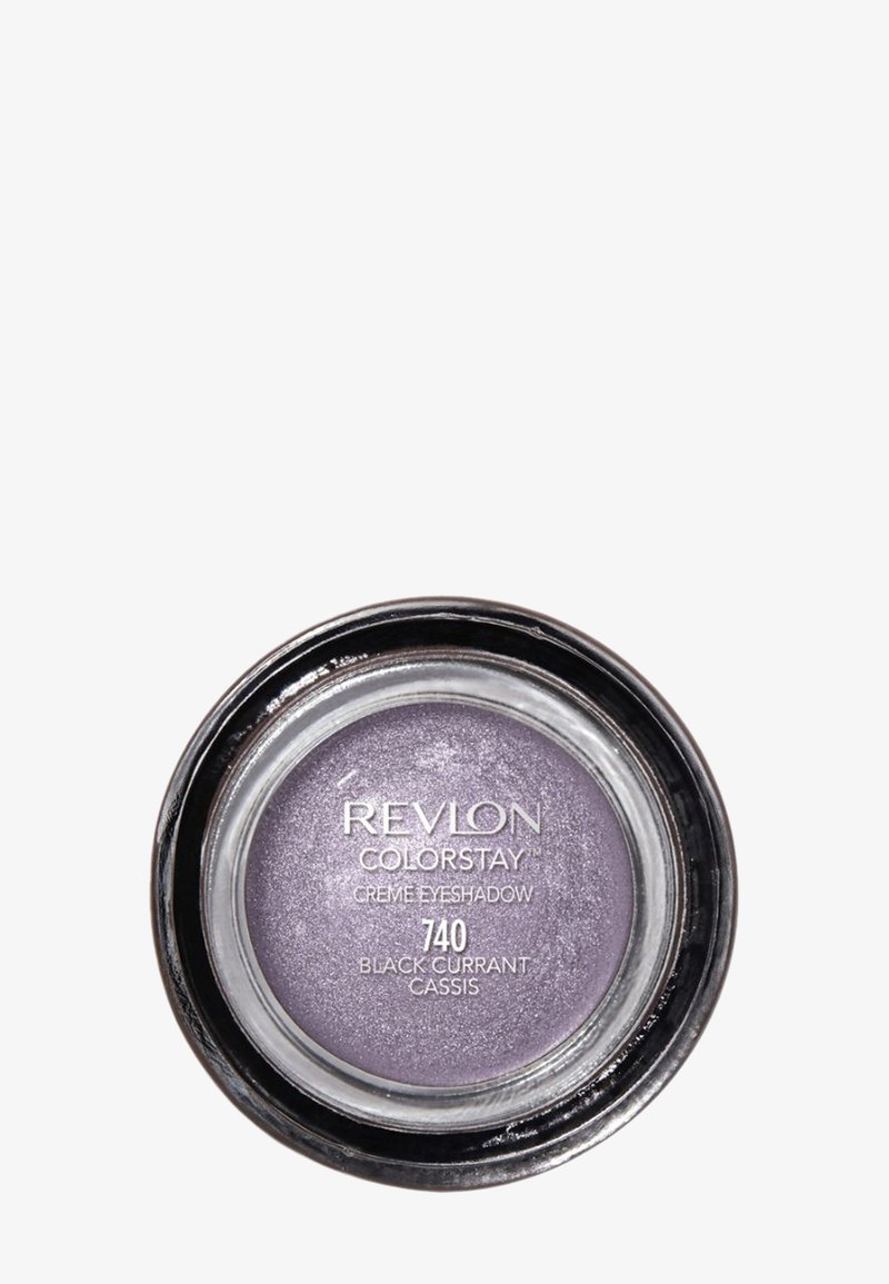 Revlon Colorstay Crème Lidschatten in der Farbe 740 Black Currant Cassis, verfügt über einen runden, schwarzen Behälter mit einem metallic-lila Creme-Innenraum.