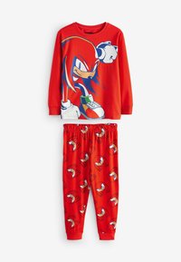 Rød langærmet top med stort Knuckles-grafik; matchende røde bukser med gentaget Knuckles-design; lavet af blødt, åndbart stof.