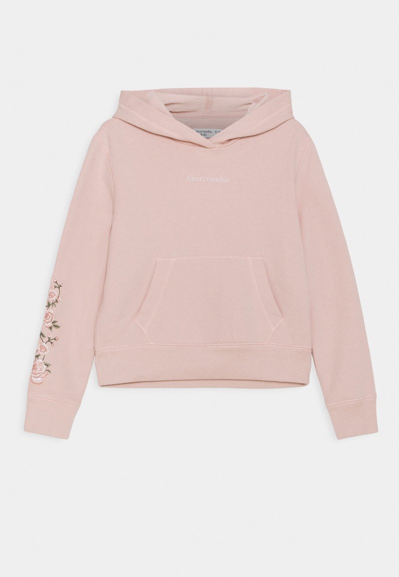 Sudadera rosa con bolsillo tipo canguro, con bordado floral en la manga izquierda y el nombre de la marca impreso en el pecho. Material de algodón.