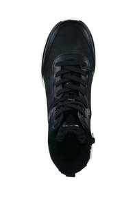 Black high-top sneaker featuring a mix of suede and leather materials, round toe, and textured black laces. Soft lining and white sole.