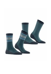 Drei Paar Socken in verschiedenen Schattierungen von Blaugrün, mit einem geometrischen Muster und einem dunkelblauen Saum oben. Weiche, gestrickte Textur.