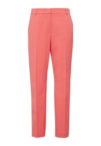 Koraalkleurige broek gemaakt van gladde stof, met een rechte snit, riemlussen en een voorvouw voor een verzorgde uitstraling.