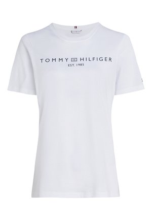 Weißes Baumwoll-T-Shirt mit kurzen Ärmeln, vorne mit einem dunkelblauen "TOMMY HILFIGER"-Logo und dem Text "EST. 1985". Klassisches Rundhalsausschnitt-Design.