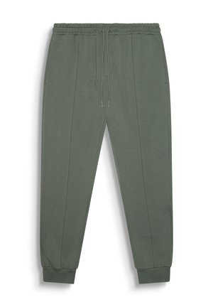 Pantalones de chándal verdes hechos de tela suave, con una cinturilla elástica, cordón de ajuste y puños de canalé. Presenta bolsillos laterales y un corte entallado.