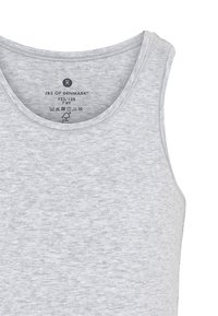 Gray, sleeveless tank top made of soft fabric. Features a round neck and simple design, tagged with size and care instructions.