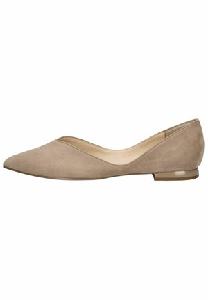 Beige suede flat shoe with a pointed toe, shallow cut, and slight transparent heel. Smooth texture with minimal detailing.