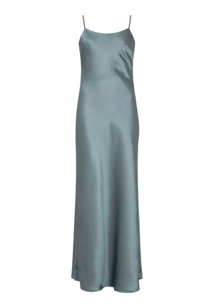Satin maxi dress in muted blue, featuring thin spaghetti straps and a side slit, providing a smooth, sleek silhouette.