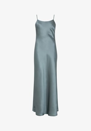 Satin maxi dress in muted blue, featuring thin spaghetti straps and a side slit, providing a smooth, sleek silhouette.