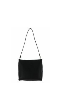 Sac à main en cuir noir de forme rectangulaire, avec une bandoulière unique et un design minimaliste. Texture lisse avec une fermeture éclair en haut.