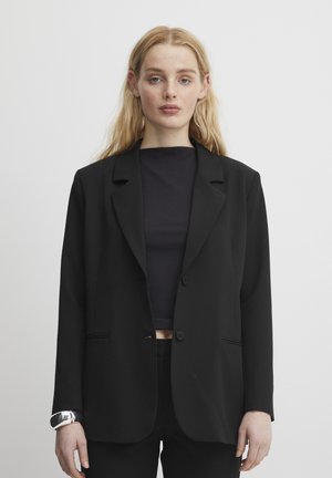 Blazer noir en tissu lisse, avec fermeture à un bouton, revers crantés et poches latérales. Associé à un haut sombre.